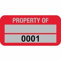 Lustre-Cal PROPERTY OF Label, 5 Alum Dark Red 1.50in x 0.75in  1 Blank Pad & Serialized 0001-0100, 100PK 253769Ma2Rd0001